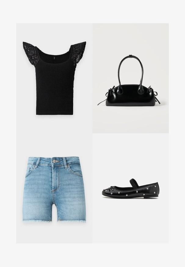 Sort top med smocket krop og blondeflæser. Stoffet har en tekstureret overflade med et samlet mønster, der tilføjer visuel interesse.; Lette blå denimshorts med rå kant, fem lommer og lukning med knap foran. Har let falmede områder og en klassisk snit.; Sorte læder flade sko med rund tå, dekorative sølvnitter og en elastisk rem. Har en glat tekstur og en lav hæl.; Lille sort blank håndtaske med to lange håndtag og snøre-detaljer i siden på en ensfarvet lys baggrund.