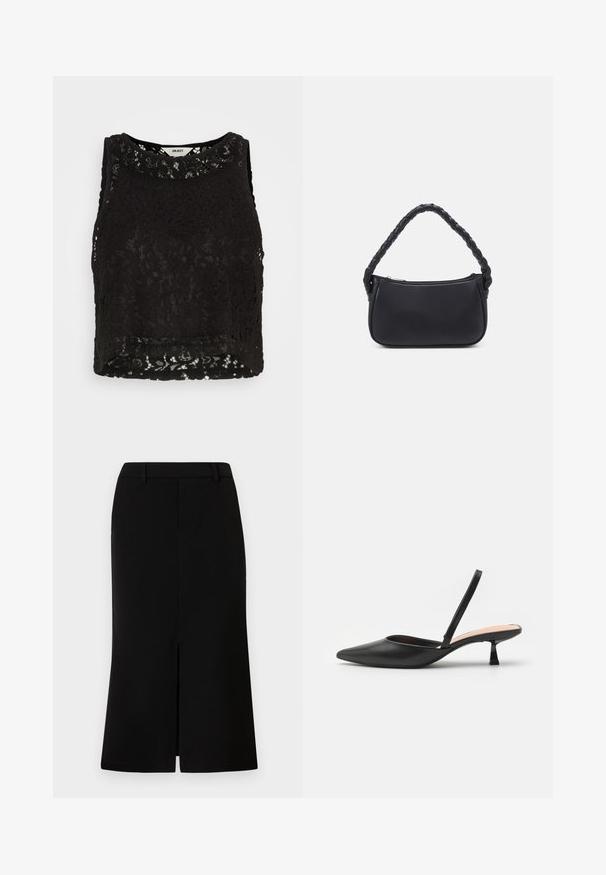 Object OBJIBI CROPPED - Top - black; Falda negra hasta la rodilla con una silueta recta, que presenta una abertura frontal, una textura suave y una cintura entallada.; Zapato tipo pump negro con talón abierto, punta afilada, acabado mate elegante, tacón bajo y angular, y un diseño minimalista. Presenta una correa delgada en el tobillo.; Bolso negro de forma redondeada, hecho de material liso. Presenta un asa trenzada y un cierre de cremallera para un almacenamiento seguro.