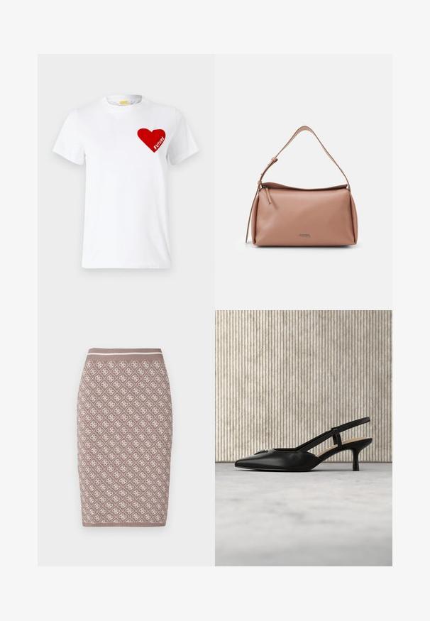 Witte katoenen T-shirt met een rode hartafbeelding met het woord "FUTURE" erin, korte mouwen en een ronde halsontwerp.; Brede gebreide kokerrok in lichtbruin met een patroonontwerp in crème, voorzien van een geribbelde tailleband met een contrasterende lijn. Glad textuur.; Zwarte slingback kittenheel met puntige neus en metalen logodetail, zwevend bij een reflecterend oppervlak en een metalen rek met papieren.; Calvin Klein GRACIE SHOULDER BAG - Handtas - ash rose