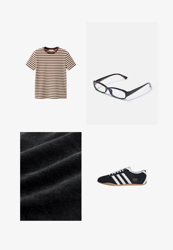 T-shirt à manches courtes avec des rayures horizontales marron et blanches et un col rond marron sur fond blanc.; Tissu noir avec une texture lisse et douce, présentant de subtiles plis horizontaux et un motif de tissage uniforme. Aucun motif ou accent visible.; Sneakers en suede noir avec trois bandes blanches, logo doré et semelle en caoutchouc marron. Présente un design à lacets à profil bas.; Lunettes rectangulaires avec un motif écaille de tortue, monture en plastique noir et verres transparents. Présentent des branches fines et une légère courbure aux extrémités.