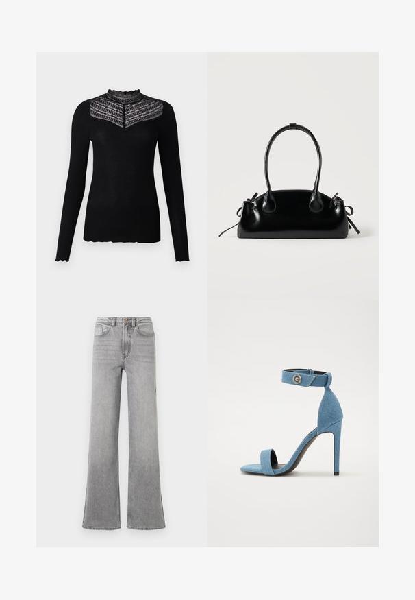 Haut ajusté noir à manches longues avec un col en dentelle haute et un empiècement en dentelle présentant des motifs floraux et rayés.; Jean flare en denim gris avec une taille haute, des poches avant, des passants de ceinture et un design légèrement délavé, présenté sur un fond blanc.; Sandale à talon haut en denim bleu avec une bande de cheville et une fermeture à bouton. Caractéristiques d'un bout carré et d'une semelle noire pour le contraste.; Petit sac à main noir brillant avec deux longues anses et des détails à cordon sur les côtés sur un fond clair uni.