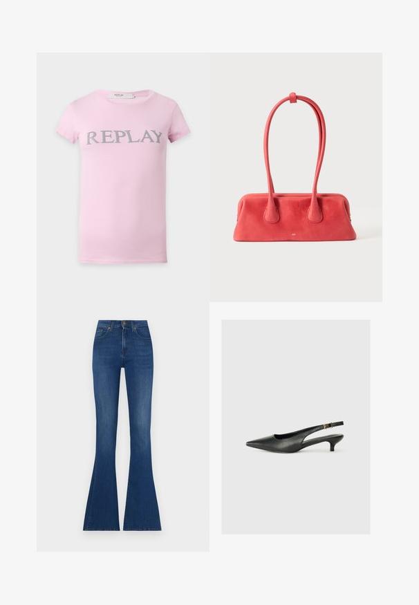 Lyserød kortærmet T-shirt med grå store "REPLAY" tekst på brystet på en ensfarvet baggrund.; Flares jeans i mørkeblåt denim, høj talje med en tætsiddende top og brede flared bukseben, præget af diskret slidser og klassisk syning.; Sorte spidse slingback-sko lavet af glat læder. Har en tynd hæl og en spænde detalje på den justerbare rem.; Rød læderhåndtaske med en lang, tynd hank, der er snoet og fastgjort i toppen, vist mod en ensartet lys baggrund.