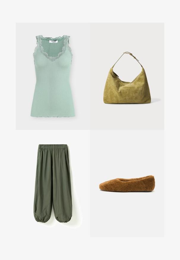 Haut sans manches côtelé vert menthe avec bordure en dentelle le long de l'encolure en V et des emmanchures, présenté sur un fond neutre.; Pantalon ample vert olive avec taille élastique et bas froncés, en tissu léger.; Ballerines en peluche brun avec un bout rond et une texture douce. Design à profil bas, avec une partie supérieure douce et une semelle noire.; Sac à main en suède vert à forme hobo, avec une seule sangle et une texture lisse. Remarquable par son design minimaliste et sa silhouette incurvée.