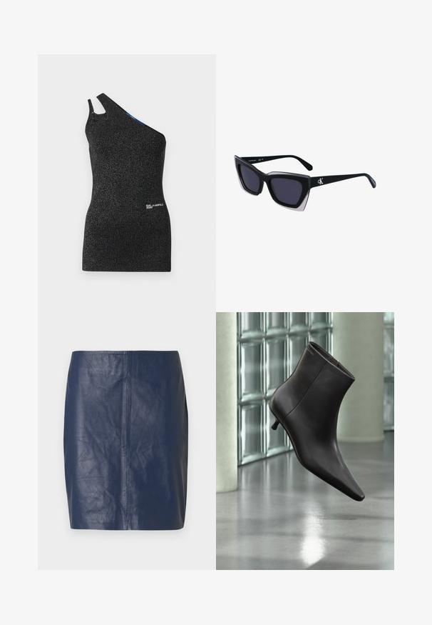 Top noir à une épaule en tissu texturé avec des fils métalliques. Présente une découpe à l'épaule et un détail de logo à l'ourlet.; Mini-jupe en cuir bleu marine avec une texture lisse, une coupe droite et des détails de couture minimalistes sur les côtés.; Bottine en cuir noir avec bout pointu et petit talon, présentée devant un mur en blocs de verre et un sol poli.; Lunettes de soleil noires surdimensionnées avec une forme géométrique, dotées de verres foncés et d'un détail gris contrastant sur la monture. Logo sur la branche.