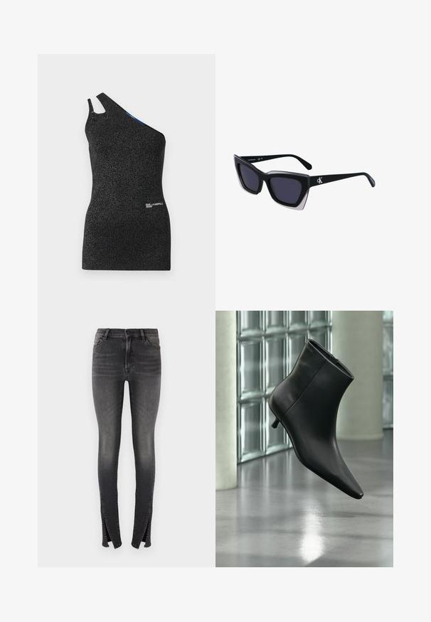 Schwarzes, einseitig gelegtes Oberteil aus strukturierter Stoff mit metallischen Fäden. Verfügt über einen Ausschnitt an der Schulter und ein Logodetail am Saum.; Schlanke Jeans aus dunkelgrauem Denim, mit hoher Taille, Vorderseiten-Taschen und einzigartigen Schlitzen an den Knöcheln für ein modernes Design.; Schwarzer Leder-Stiefelette mit spitzer Zehenpartie und niedrigem Kitten-Heel, schräg dargestellt vor einem polierten Boden und einer Glasbausteinwand.; Schwarze übergroße Sonnenbrille mit geometrischer Form, ausgestattet mit dunklen Gläsern und einem kontrastierenden grauen Detail im Rahmen. Logo am Bügel.