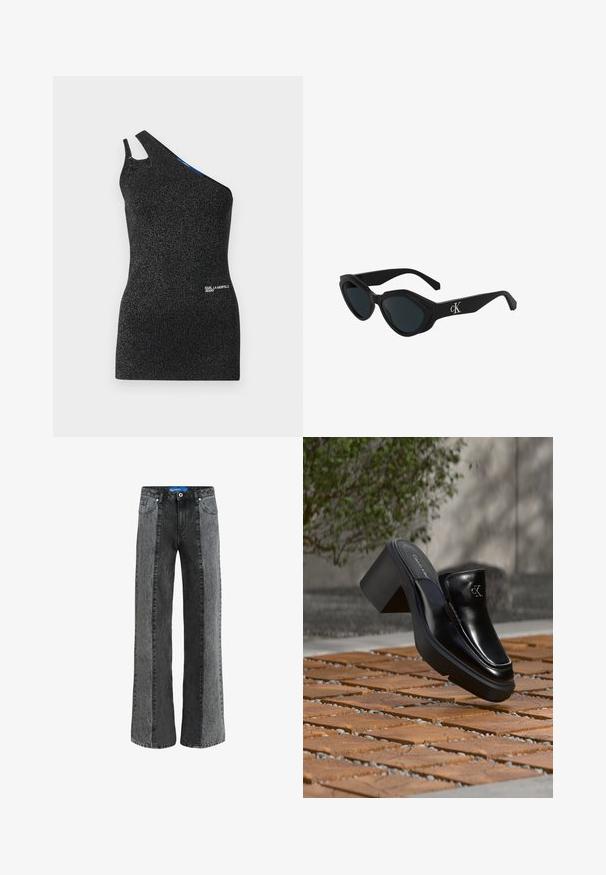 Top negro de un solo hombro hecho de un tejido texturizado con hilos metálicos. Presenta un corte en el hombro y un detalle de logo en el dobladillo.; Jeans de pierna ancha en denim negro y gris. Presentan una cintura alta con cierre de botón, cinco bolsillos y paneles verticales en contraste.; Mule tipo slip-on de cuero negro de Calvin Klein con tacón de bloque descansando sobre baldosas de madera al aire libre cerca de una planta verde y una pared gris.; Gafas de sol negras con forma de ojo de gato, acabado brillante, lentes oscuros y un logo "cK" en la patilla. Diseño angular y montura gruesa.