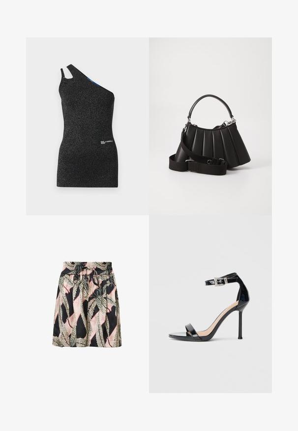 Musta, yhdellä olkapäällä oleva paita, joka on valmistettu tekstuurimateriaalista, jossa on metallilankoja. Sisältää leikkauksen olkapäällä ja logotunnuksen helmaosassa.; Hame floral print dengan latar belakang hitam, pinggang elastis, detail tali serut, dan tekstur ringan serta halus.; Musta kiiltävä nahkainen korkokengän sandaali, jossa nilkkahihna. Siinä on minimalistinen muotoilu, avoin varvas ja strassikoristeltu solki.; Mustassa pleidatus käsilaukku, jossa on pyöreä kahva, säädettävä olkahihna ja kiiltävä pinta. Varustettu hopeisilla yksityiskohdilla ja rakenteellisella siluetilla.