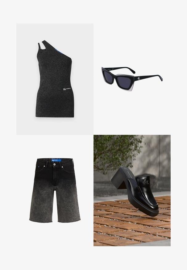 Top negro de un solo hombro hecho de un tejido texturizado con hilos metálicos. Presenta un corte en el hombro y un detalle de logo en el dobladillo.; Shorts de mezclilla negra con un desvanecimiento de oscuro a claro. Con un dobladillo deshilachado, dos bolsillos frontales y una etiqueta de marca azul en la cinturilla.; Mule tipo slip-on de cuero negro de Calvin Klein con tacón de bloque descansando sobre baldosas de madera al aire libre cerca de una planta verde y una pared gris.; Gafas de sol negras de gran tamaño con una forma geométrica, que presentan lentes oscuros y un detalle gris contrastante en la montura. Logo en la pata.