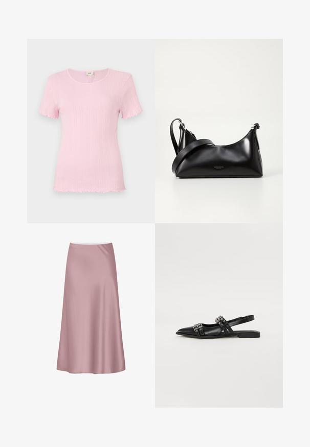 Rosa kurzärmeliges Oberteil mit geripptem Muster, rundem Ausschnitt und Rüschen an den Ärmel- und Saumkanten. Markenlabel am Ausschnitt sichtbar.; Sanfter rosa Satin-Midirock mit A-Linien-Silhouette und glattem, fließendem Stoff.; Even&Odd by Zalando Sling-Ballerina - black; Schwarze lederne Handtasche mit glatter Textur. Verfügt über einen verstellbaren Riemen und ein elegantes, minimalistisches Design mit einem Reißverschluss.