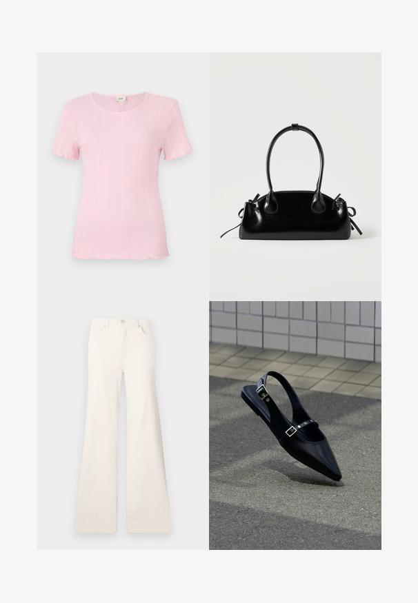 Haut rose à manches courtes avec une texture côtelée, encolure ronde et bords des manches et de l'ourlet volantés. Étiquette de marque visible au niveau de l'encolure.; ONLY Wide-fit ONLMADISON High waist Wide Leg Fit - Wide Leg - ecru; Mocassin noir à bout pointu et bride arrière, avec double boucle, posé sur un asphalt gris près d'un mur carrelé en arrière-plan.; Petit sac à main noir brillant avec deux longues anses et des détails à cordon sur les côtés sur un fond clair uni.