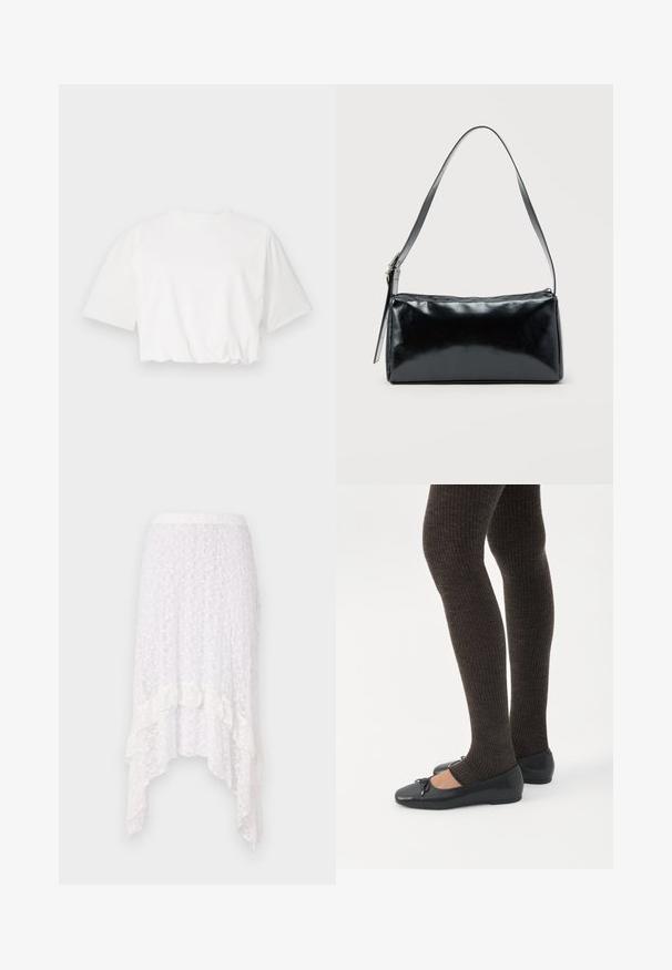 Witte cropped t-shirt met korte pofmouwen, ronde halslijn en geplooide onderrand, gemaakt van zachte katoenstof.; Wit kanten rok met een textuur floral patroon, een high-low zoom en gerimpelde accenten aan de onderkant, voorzien van een elastische tailleband.; Benen met donkere geribbelde leggings gecombineerd met zwarte ballerina's met kleine strikdetails op een witte achtergrond.; Zwarte rechthoekige schoudertas met een enkele verstelbare band en een bovenste ritssluiting op een effen achtergrond.