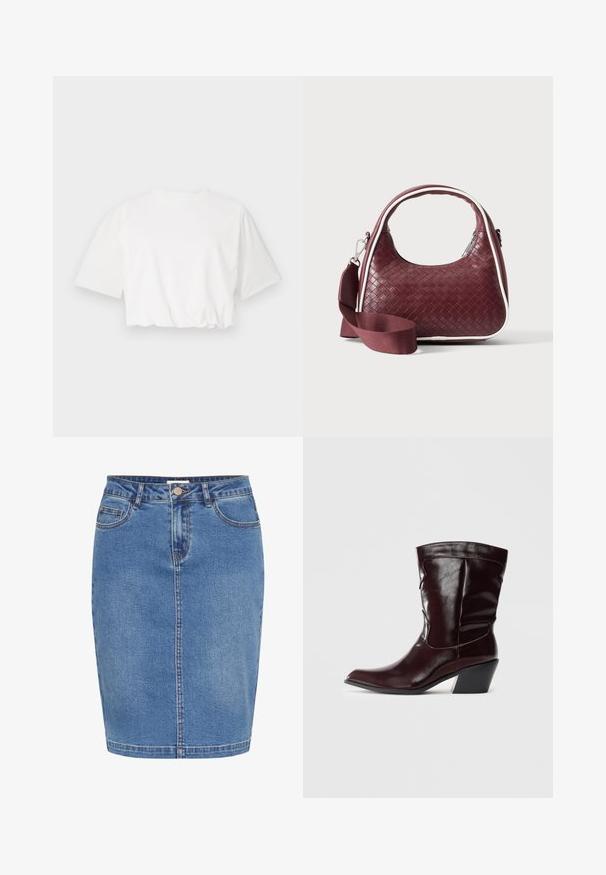 Witte cropped t-shirt met korte pofmouwen, ronde halslijn en geplooide onderrand, gemaakt van zachte katoenstof.; Denim rok in lichtblauw met een aansluitend ontwerp, sluiting met knopen aan de voorkant, vijf zakken en contrasterende stiksels langs de naden.; Bordeaux leren enkellaarsjes met een spitse neus, textuur op het oppervlak en een taps toelopende lage hak. Heeft subtiele stiksels en een strakke pasvorm.; Donkerrode geweven leren handtas met gebogen handvat, witte bies, zilveren rits en afneembare brede stoffen schouderriem tegen een effen achtergrond.