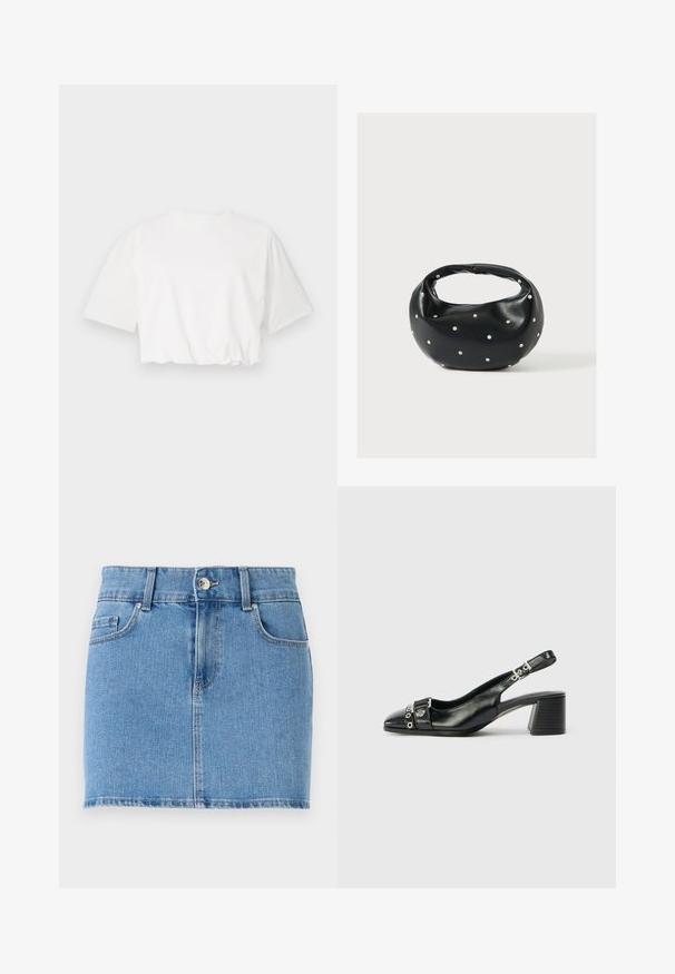 Valge lühike t-särk, lühikeste puhvärvlitega, ümmarguse kaelusega ja kogutud alumise servaga, valmistatud pehmest puuvillast kangast.; Heledan denim mini seelik helesinis. Omab kitsast disaini, viit taskut, nööbiga kinnitust ning sirget äärt, millel on kerge kulumine.; Must musta slingi kontsaga, millel on terav nina, tekstuuriga rihm, millel on ümmargused metallaktsendid ja kihiline plokkkonts.; Mustast nahast ümmarguse kujuga käekott, kaunistatud hõbedaste naeladega, lühikese sangaga. Sile tekstuur ja tõmblukuga sulgemine.
