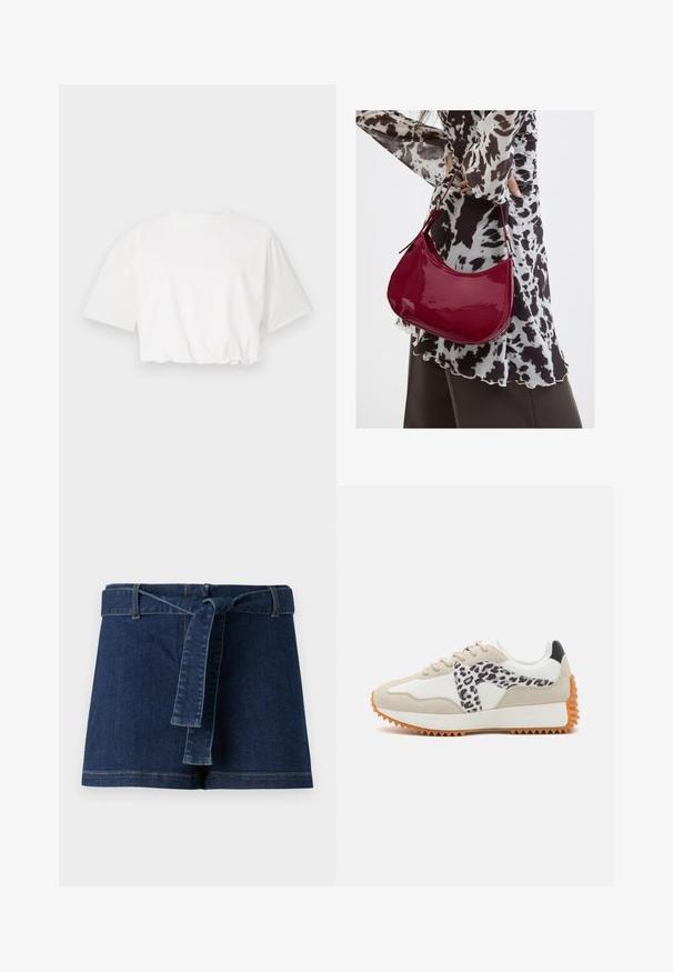 T-shirt blanc court avec manches courtes bouffantes, encolure ronde et ourlet froncé, fabriqué à partir d'un tissu en coton doux.; Shorts en denim bleu foncé, dotés d'une large ceinture et d'une ceinture en tissu. Texture lisse avec des détails de surpiqûres visibles sur l' ourlet.; Baskets beiges et blanches avec un panneau à imprimé léopard, en suédine texturée et semelle en caoutchouc avec des rainures pour une meilleure traction. Lacets et col rembourré inclus.; Femme portant un chemisier à motif noir et blanc tenant un sac à main rouge brillant sur un fond uni.