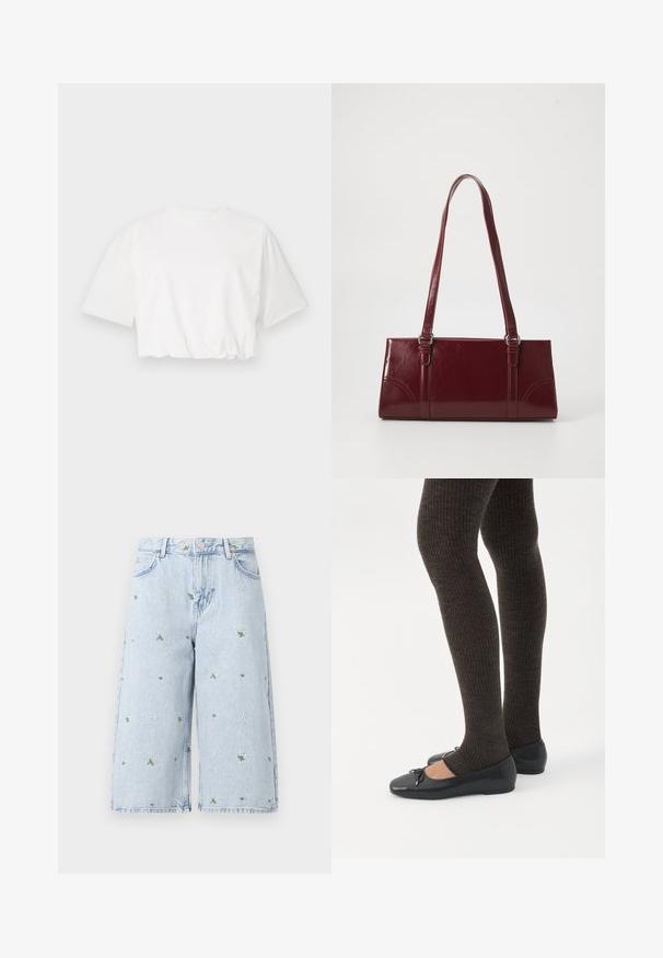 Hvid kortærmet t-shirt med puffærmer, rund halsudskæring og samlet nederste kant, lavet af blødt bomuldsstof.; Lysvasket denimshorts med blomsterbroderi, der inkluderer margueritter og grønne blade. Klassisk fem-lomme design og en frynset kant.; Ben iført mørke ribbede leggings kombineret med sorte balletsko med små sløjfedetaljer på hvid baggrund.; Bordeaux håndtaske lavet af glansfuldt materiale, rektangulær form, med to skulderremme og subtile buede detaljer på forsiden.