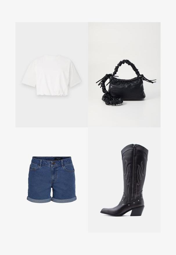 Weißes, kürzer geschnittenes T-Shirt mit kurzen Puffärmeln, rundem Ausschnitt und gerafftem unteren Saum, aus weichem Baumwollstoff gefertigt.; Dunkelblaue Denim-Shorts in klassischem Schnitt. Mit umgeschlagenen Säumen, zwei vorderen Taschen und einem Knopfverschluss. Glatte Textur.; Schwarze Cowboy-Stiefel aus Leder mit spitzer Zehenpartie, sichtbarer Nahtführung, silbernen Nietenakzenten und Reißverschluss auf der Innenseite.; Schwarze Handtasche aus Kunstleder mit Krokodilstruktur, gerafftem oberen Teil und einem geschoppten Tragegurt. Sie wirkt weich und kompakt im Design.