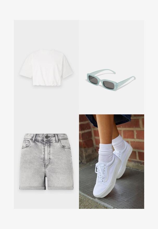 Witte cropped t-shirt met korte pofmouwen, ronde halslijn en geplooide onderrand, gemaakt van zachte katoenstof.; Grijze denim shorts met opgerolde zomen, vijf-pocket ontwerp en een centrale knoopsluiting. Soepele textuur met subtiele vervagingsdetails.; Witte canvas sneakers met rubberen zolen, voorzien van zes vetertjes, een ronde neus en lichte stikdetails, gecombineerd met witte enkelsokken.; Een paar rechthoekige zonnebrillen met lichtblauwe doorzichtige monturen en donkergrijze glazen, met rechte pootjes en minimale hardwaredetails.