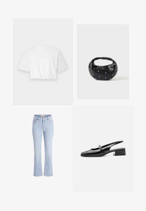 Witte cropped t-shirt met korte pofmouwen, ronde halslijn en geplooide onderrand, gemaakt van zachte katoenstof.; Lichtblauwe flared jeans van denim met een hoge taille, vijf zakken en een ritsgulp. Bevat een subtiele wassing en gestikte details op de naden.; Zwarte lakleren slingback schoen met een lage blokhak en een dunne band met zilveren gesp bovenop.; Zwarte leren handtas met een afgeronde vorm, versierd met zilveren studs, en een korte handgreep. Gladde textuur en ritsluiting.
