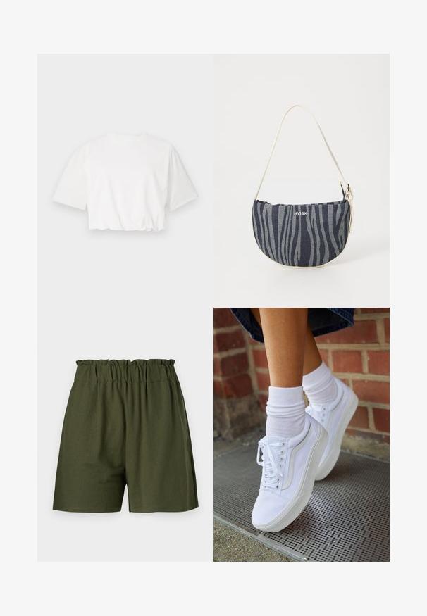 Witte cropped t-shirt met korte pofmouwen, ronde halslijn en geplooide onderrand, gemaakt van zachte katoenstof.; Donkergroene shorts met een elastische tailleband, relaxed fit en zonder zakken. Gemaakt van zachte, lichte stof.; Witte canvas sneakers met rubberen zolen, voorzien van zes vetertjes, een ronde neus en lichte stikdetails, gecombineerd met witte enkelsokken.; Denim handtas met een gebogen vorm, voorzien van een marineblauw en lichtblauw zebra-streep patroon, witte band en het merklogo dat prominent weergegeven is.