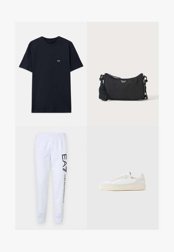 Navyblauwe katoenen t-shirt met korte mouwen en een ronde hals. Heeft een klein wit "A|X" logo op de linkerkant van de borst.; Witte sweatpants gemaakt van zacht materiaal, met zwarte bedrukte logo's "EA7" en "Emporio Armani" langs het linkerpijp, en voorzien van een elastische tailleband en boorden.; Witte sneaker met een bovenwerk van gestructureerd suède en leer. Voorzien van een afgeronde neus, vetersluiting en een contrasterende beige rubberen zool.; Zwarte rechthoekige crossbodytas met zilveren merklogo-embleem en verstelbare band op een lichte achtergrond.