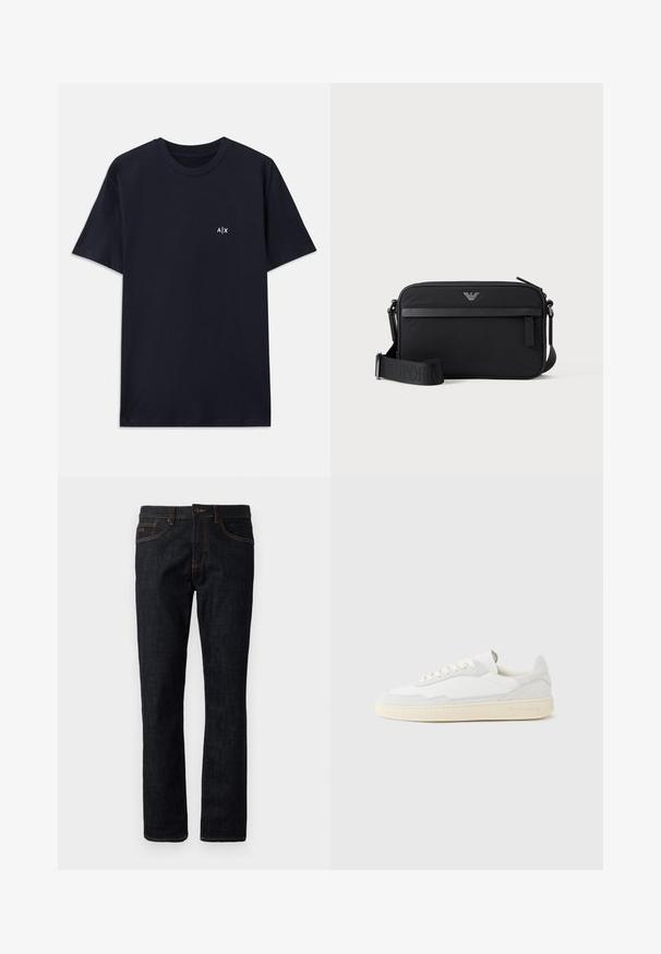 Camiseta de algodón de color azul marino con mangas cortas y cuello redondo. Presenta un pequeño logo blanco "A|X" en la parte izquierda del pecho.; Jeans ajustados de color azul oscuro con costuras naranjas, cierre de botón y diseño de cinco bolsillos, exhibidos planos sobre un fondo blanco.; Zapatilla blanca con parte superior texturizada de ante y cuero. Presenta una puntera redondeada, cierre con cordones y suela de goma beige contrastante.; Bolso bandolera rectangular negro con bolsillo frontal con cremallera, correa ajustable y pequeño logo metálico en el centro superior.