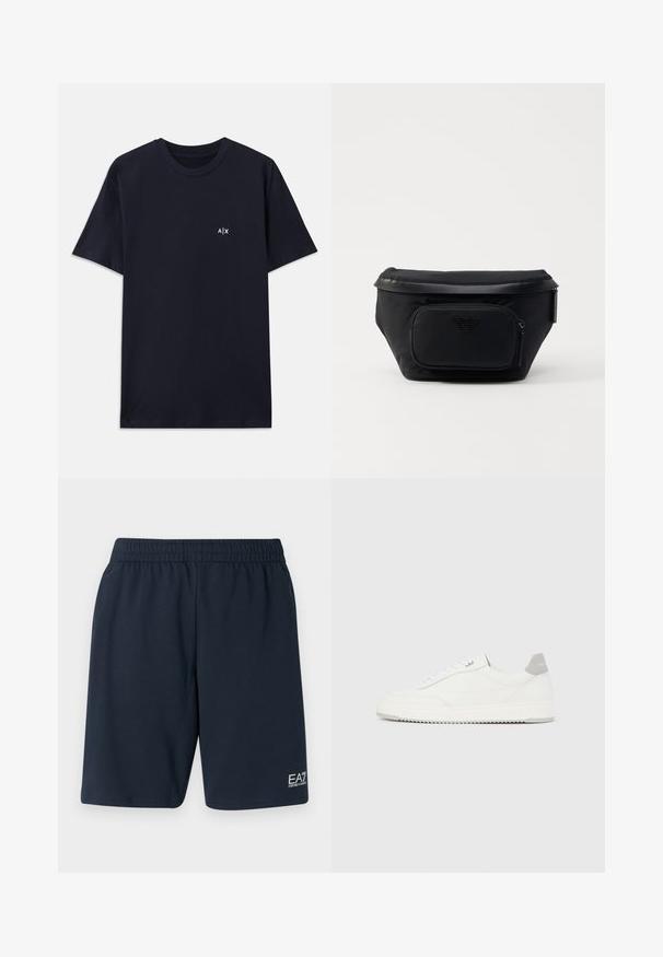 Camiseta de algodón de color azul marino con mangas cortas y cuello redondo. Presenta un pequeño logo blanco "A|X" en la parte izquierda del pecho.; Pantalones cortos de cintura elástica en azul marino, fabricados en un tejido suave, con bolsillos laterales y un pequeño logo blanco de EA7 en la parte inferior de la pierna izquierda.; Zapatilla blanca de corte bajo con pestaña en el talón gris, cordones blancos y suela texturizada, presentada sobre un fondo claro y liso.; Bolsa negra de nailon con un bolsillo delantero con cremallera, presenta una textura lisa y un acento de logo. Diseño estructurado con una tapa plegable.