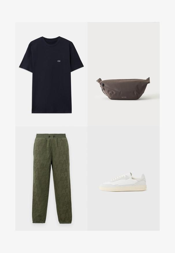 Camiseta de algodón de color azul marino con mangas cortas y cuello redondo. Presenta un pequeño logo blanco "A|X" en la parte izquierda del pecho.; Joggers de forro polar verde oliva con cintura y puños elásticos, que presentan un sutil patrón tonal del logo de EA7 en toda la prenda.; Zapatilla blanca con parte superior texturizada de ante y cuero. Presenta una puntera redondeada, cierre con cordones y suela de goma beige contrastante.; Riñonera de tela marrón oscuro con bolsillo diagonal con cremallera y pequeño logo blanco en el frontal, sobre un fondo liso y claro.