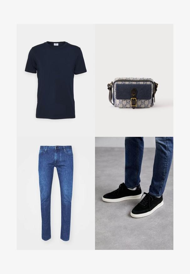 Tumesinine lühikeste varrukatega ümar kaelusega T-särk, mis on valmistatud pehmest kangast. Klassikaline lõige, kaeluses silt. Sujuv tekstuur, minimaalne disain.; Sinine denim materjalist sirgete lõigetega teksapüksid, nööbiga kinnitamine, viis taskut ja kontrastne tikand. Kanga toon on keskmine pesu, kus on kerge pleekimine.; Mustast nahast tennisetossud valge kummiseguga tallaga, klassikalise madala disainiga, ümarate varvastega ja lame mustade paeltega.; Väike ristkerega kandekott, sinise ja valge mustriga, ees tumesinine tasku, must nahast pandlaga rihm ja reguleeritav õlarihm.