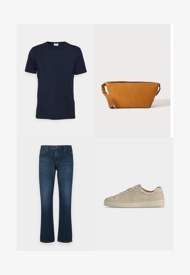 Camiseta de cuello redondo en azul marino, fabricada con tejido suave. Tiene mangas cortas y un corte clásico, con una etiqueta en el cuello. Textura lisa y diseño minimalista.; Jeans de mezclilla azul oscuro con un diseño de pierna recta, cinco bolsillos y cierre de botón metálico. Textura suave con un ligero desvanecimiento.; Zapatilla beige de ante de tacón bajo con cierre de cordones y suela gruesa de goma, mostrada de lado sobre un fondo blanco liso.; Bolso bandolera de cuero marrón claro con correa ajustable y cierre de cremallera, mostrado sobre un fondo claro y liso.