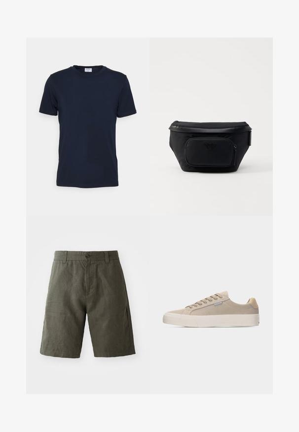 Marineblå crew-neck t-shirt lavet af blødt stof. Korte ærmer med en klassisk pasform, der har et mærke ved halsen. Glat tekstur, minimalistisk design.; Mørkegrønne linnedshorts med knaplukning og bælteløkker, med lige snit og glat tekstur.; Beige lavt støvle i ruskind med tone-i-tone snørebånd, tyk hvid gummisål og lille mærketag på sidepanelet.; Sort nylon taske med en frontlomme med lynlås, der har en glat overflade og et logo som accent. Struktureret design med fold-over top.