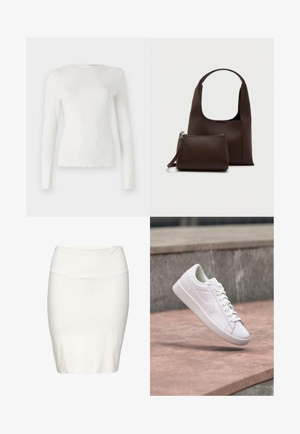 TOM TAILOR DENIM WITH FRILL EDGE - Langærmet T-shirt - off white; Hvid knælang blyantskørt lavet af blødt, elastisk stof. Har et tætsiddende design med et glat taljebånd og minimale sømme.; Hvid Nike lavtop sneaker med snørebånd ophængt over en betonhylde mod en grå stens baggrund udendørs.; Brun syntetisk håndtaske med et buet håndtag og en glat tekstur. Inkluderer et matchende lille toilettaske med lynlås. Minimalistisk design.
