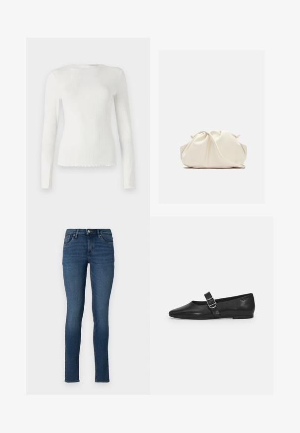 TOM TAILOR DENIM WITH FRILL EDGE - Pitkähihainen paita - off white; Kape denim siniset farkut, joissa on keskikorkea vyötärö, viisi taskua ja haalistunut pesu. Farkuissa on tavanomaiset ompeleet ja vetoketju.; Mustat nahkakengät, joissa on pyöreä kärki, yksi säädettävä solkiremmija sileä, kiiltävä pinta. Minimalistinen muotoilu ja matala korko.; Pehme, kermansävyinen nahkainen clutch-laukku, jossa on kerätty ja rypytetty muotoilu sekä ohut olkahihna. Laukku lepää edessä yksivärisellä taustalla.