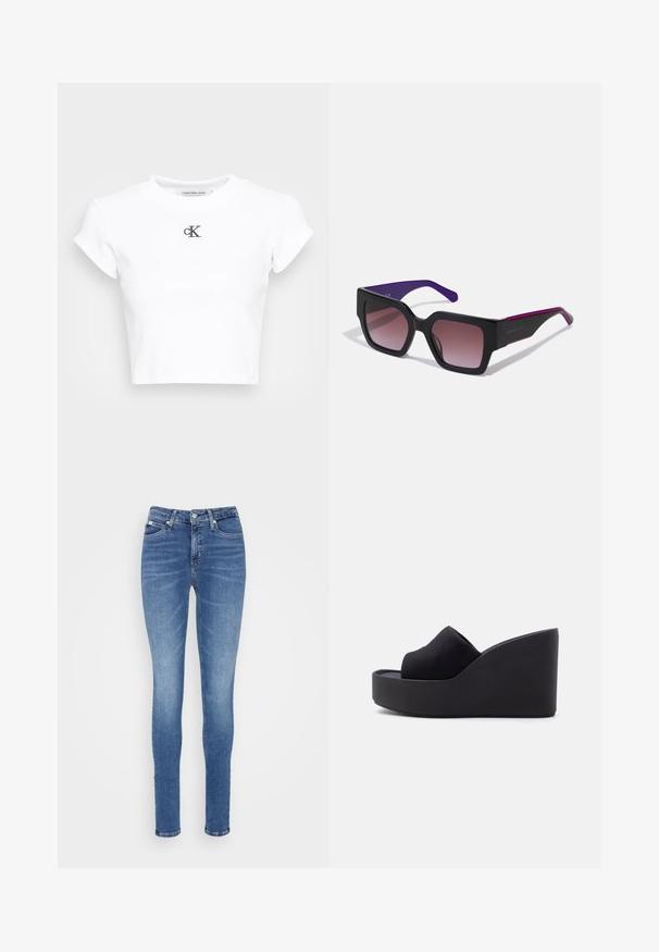 Witte cropped t-shirt gemaakt van ribgebreide stof. Heeft een ronde halslijn en korte mouwen. Zwart geborduurd "cK" logo op de borst.; Skinny jeans in mediumblauwe denim, met een hoge taille, zachte textuur, twee voorzakken en één achterzak.; Zwarte platform sleehak sandalen met gesloten stoffen neus en hoge, stevige zool tegen een effen lichte achtergrond.; Zwarte rechthoekige zonnebril met gradient lenzen, paarse armen en slanke randen. Heeft een matte afwerking en een subtiel logo op de poot.
