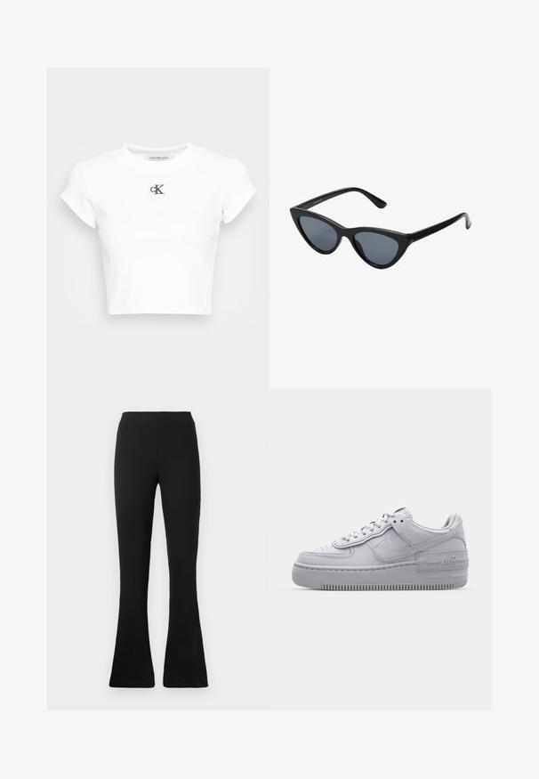 Hvid cropped t-shirt lavet af ribbet stof. Har en rund halsudskæring og korte ærmer. Sort broderet "cK" logo på brystet.; Sorte ribbede flared bukser med høj talje. Det bløde, elastiske materiale giver en tætsiddende silhuet og en flared bund for stil og komfort.; Grå Nike Air Force 1 sneakers med perforeret tå, glat læderoverdel, tyk sål og præget 'AIR' detalje på hælen.; Sorte katteøje solbriller med mørkegrå linser, slankt plastisk stel, spidse hjørner og lige stænger. Ingen synlig hardware eller dekorationer.