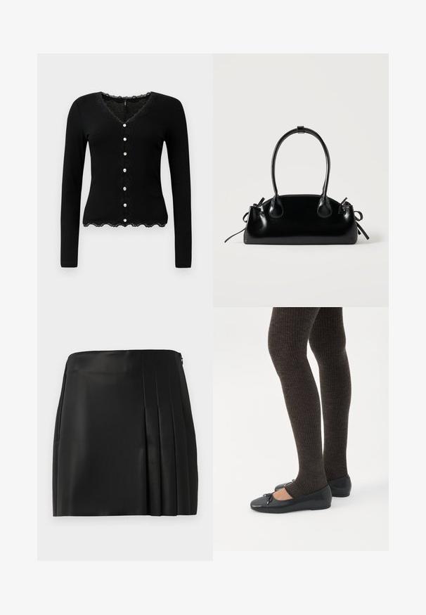 Zwarte lange mouwen cardigan met een V-hals, kantafwerking en decoratieve knoopsluiting. Kenmerkt zich door geribbeld textuur en een gegolfde onderrand.; Zwarte neplederen mini-jurk met een gladde voorkant en plissé-detail aan de rechterzijde, voorzien van een ritsluiting aan de achterkant.; Benen met donkere geribbelde leggings gecombineerd met zwarte ballerina's met kleine strikdetails op een witte achtergrond.; Kleine zwarte glanzende handtas met twee lange hengsels en zijkant trekkoord details op een effen lichte achtergrond.