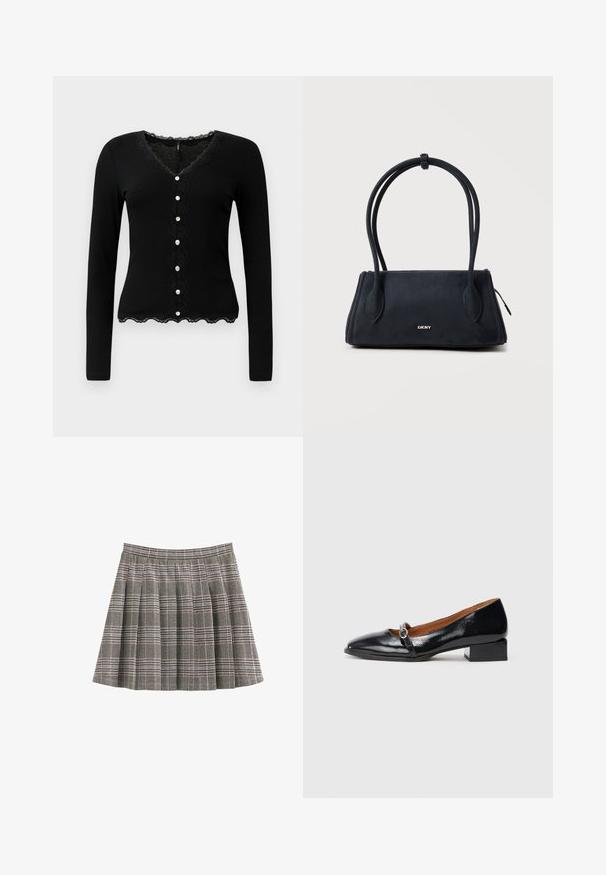 Cardigan noir à manches longues avec un col en V, des bordures en dentelle et une fermeture décorative par bouton. Présente un tissu en maille côtelée et un ourlet inférieur en forme de coquille.; Jupe à carreaux en noir, blanc et gris avec des plis et une ceinture ajustée. Texture unie avec un motif tartan classique sur toute la surface.; Chaussures à talons bas en cuir verni noir avec un bout pointu et une sangle décorative dotée d'une boucle en argent circulaire. Talon bloc plat.; Sac à main noir DKNY avec double anses arrondies et un petit logo métallique sur le devant, sur un fond clair uni.