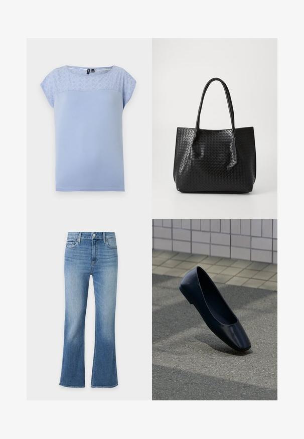 Blouse bleu clair à manches courtes avec section supérieure en dentelle ajourée et encolure ronde.; Jean en denim bleu avec une taille haute, fermeture devant par bouton et zip, poches avant, et jambes légèrement évasées.; Chaussure plate en cuir noir debout sur une surface asphaltée près du bord d'un trottoir carrelé.; Sac de tote en cuir tressé noir avec deux poignées, forme structurée et finition légèrement brillante sur un fond clair.