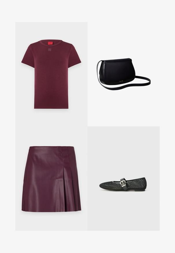 Vinrød bomulds-T-shirt med korte ærmer, rund halsudskæring og broderet "HUGO"-logo på brystet. Glat tekstur, standard pasform.; ONLY ONLARTZY Short - Mini skirts - mauve wine; Sorte balletflade sko i mesh med spids tå, flad hæl og spænde over anklen; tekstureret overflade med et vævet mønster.; Sort læder skuldertaske med buet form og tynd rem, lille guldfarvet Calvin Klein-logo centreret nær bunden.