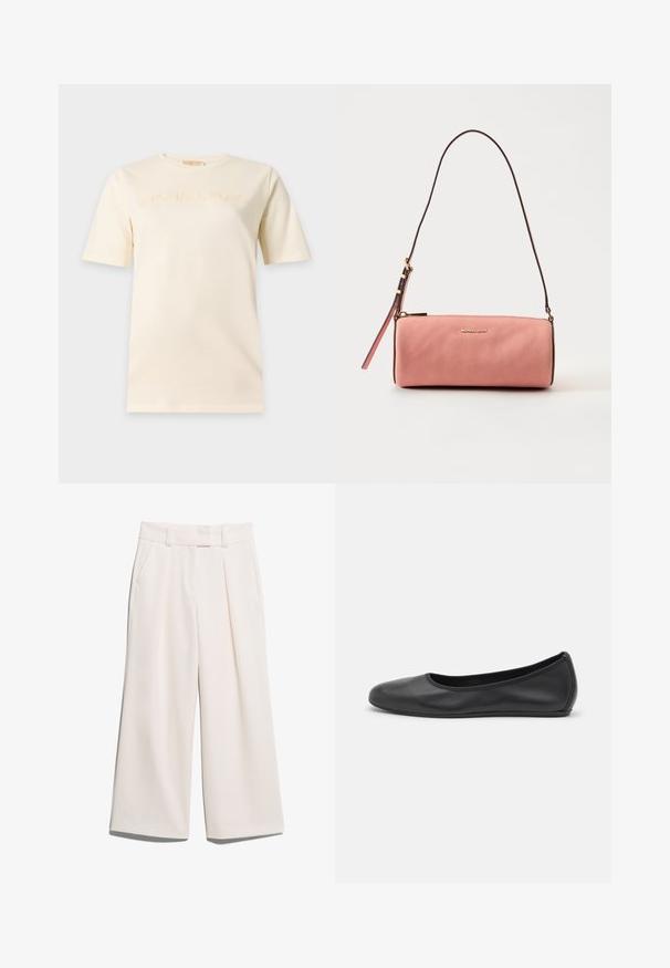 T-shirt crème à manches courtes avec col rond et "Michael Kors" brodé sur la poitrine avec un fil assorti.; Pantalons à jambes larges de couleur crème claire, fabriqués en tissu lisse avec deux poches avant et une couture visible sur la taille.; Ballerines en cuir noir avec un bout rond, texture lisse, détails de couture minimalistes et design de semelle flexible.; Sac à bandoulière en cuir texturé rose avec fermeture éclair dorée et bandoulière réglable, avec petit logo doré "Michael Kors" sur le devant.