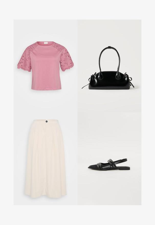 Roze top met korte mouwen, met een effen lijf en ingewikkelde kantdetails op de mouwen met bloemmotieven en geprofileerde randen.; Een crèmekleurige midi-jurk met plooien, een knoopsluiting aan de voorkant en een zachte textuur, ontworpen voor een ontspannen pasvorm.; Even&Odd by Zalando Slingback ballerina´s - black; Kleine zwarte glanzende handtas met twee lange hengsels en zijkant trekkoord details op een effen lichte achtergrond.