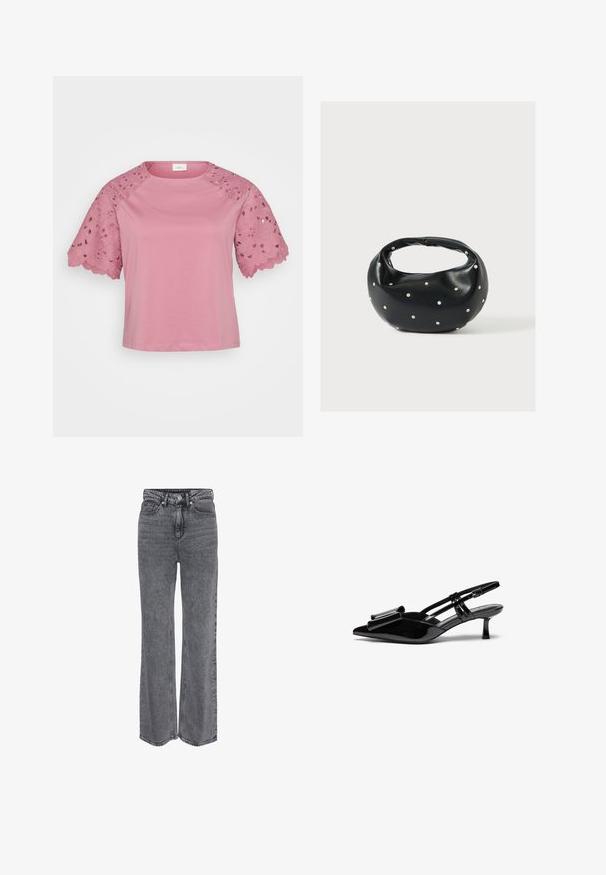 Lyserød kortærmet top med en ensfarvet krop og detaljeret blondeudsmykning på ærmerne, der har blomstertryk og bølgede kanter.; Grå denimjeans i høj talje og med lige ben, med frontknap, lynlåslukning og klassisk design med fem lommer.; Sorte patenterede læderslingbacks med spids tå, en sløjfedetalje foran og en lille stilettohæle. Remmene har justerbare spænder.; Sort læderhåndtaske med en rundet form, dekoreret med sølvnitter, og et kort håndtag. Glat tekstur og lynlåslukning.