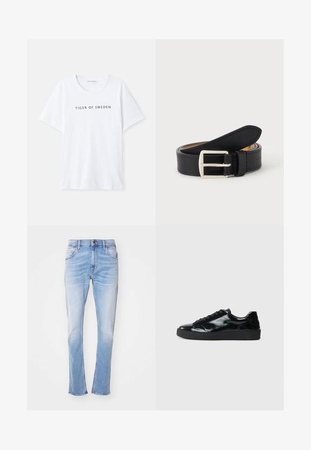 T-shirt blanc à col rond et à manches courtes. Un texte noir indique "TIGER OF SWEDEN" centré sur le devant. Texture du tissu lisse.; Jean bleu clair en denim, avec une coupe droite, un léger délavage, cinq poches et une fermeture à bouton. Aucune motif ou embellissement visible.; Baskets en cuir verni noir avec un bout arrondi, un laçage, une semelle en caoutchouc texturé et une finition lisse.; Ceinture en cuir noir roulée avec une boucle en métal argenté rectangulaire visible sur un fond clair uni.