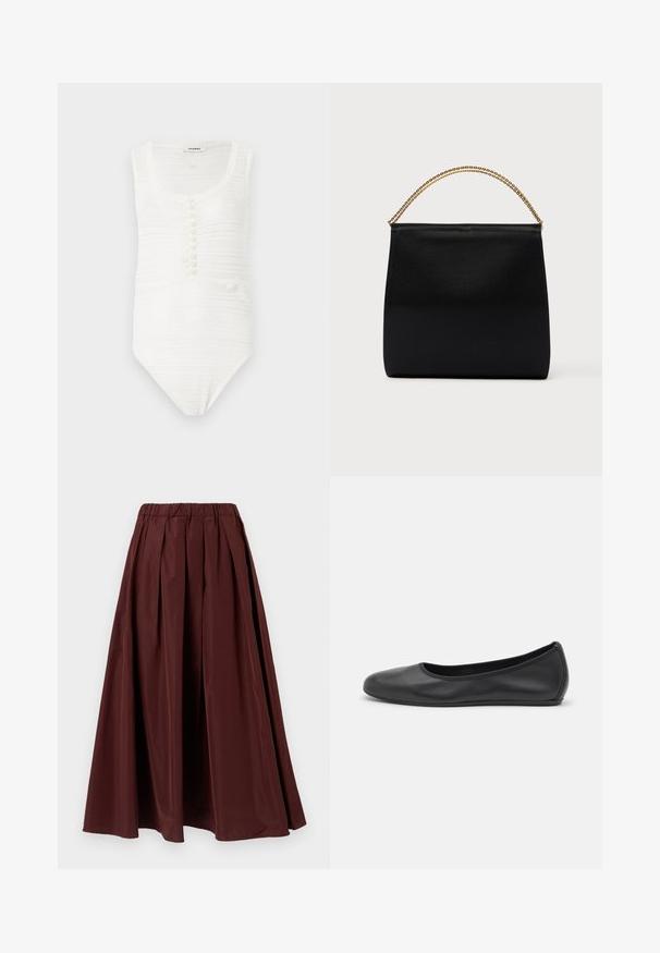 Body texturé blanc sans manches avec encolure dégagée et rangée avant de petits boutons blancs.; Jupe longue bordeaux avec un design plissé et une ceinture élastique. Texture lisse, forme pleine, et longueur jusqu'au sol.; Ballerines en cuir noir avec un bout rond, texture lisse, détails de couture minimalistes et design de semelle flexible.; Sac noir en tissu lisse, présentant une forme structurée, une poignée en chaîne dorée et un design géométrique minimaliste.