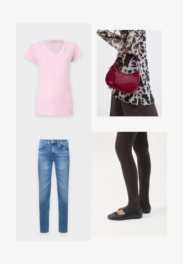 Lyserød T-shirt med korte ærmer og V-hals, med broderet "REPLAY"-logo på øverste venstre bryst, vist på en ensfarvet baggrund.; Lyseblå denimjeans med slim fit. Funktioner inkluderer en knaplukning, fem lommer og en slidseffekt på lårene.; Ben iført mørke ribbede leggings kombineret med sorte balletsko med små sløjfedetaljer på hvid baggrund.; Kvinde iført en sort- og hvidmønstret bluse, der holder en blank rød skuldertaske mod en ensfarvet baggrund.