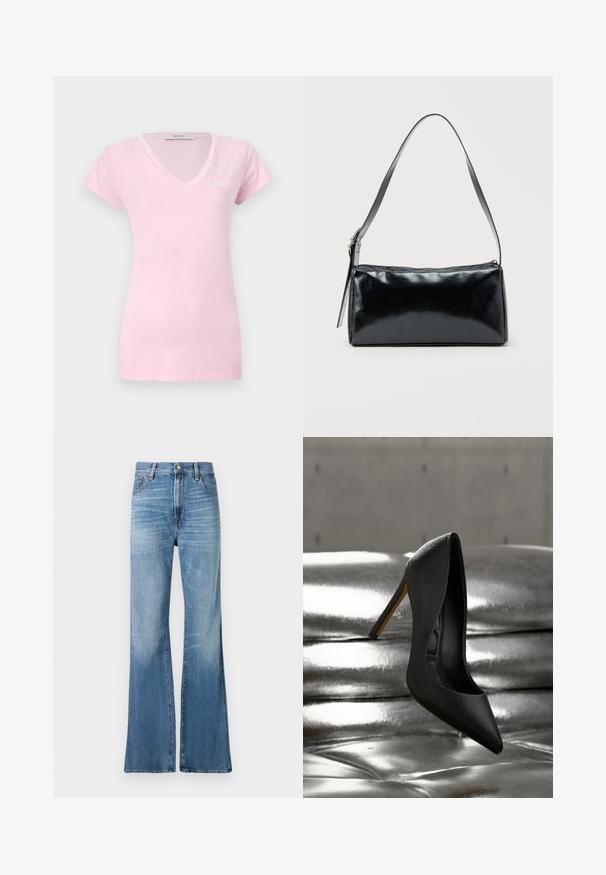 Hellrosa, kurzärmeliges V-Neck-T-Shirt mit dem auf der oberen linken Brustseite aufgestickten "REPLAY"-Logo, dargestellt vor einem schlichten Hintergrund.; Replay BECKA PANTS - Jeans Relaxed Fit - medium blue; Schwarzer strukturierter High-Heel-Schuh, der auf seiner Ferse auf einer glänzenden silbernen Metalloberfläche mit einfachem, verschwommenem Hintergrund balanciert.; Schwarze rechteckige Schultertasche mit einem verstellbaren Riemen und einem oberen Reißverschluss vor einfachem Hintergrund.