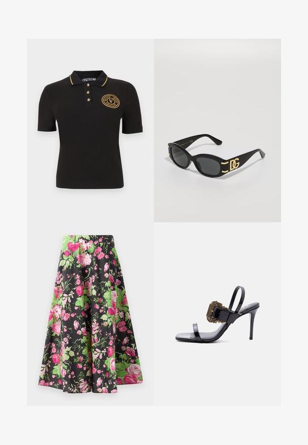 Sort kortærmet polo med guldtrimmet krave, guldknapper og gyldent broderet "Versace Jeans Couture"-logo på brystet.; Blomstret nederdel med sort baggrund, der har store lyserøde roser og grønne blade, lavet af letvægtsstof, med en udvidet form, knælængde.; Sort lakeret læderhøjhælet sandal med tynde stropper og en stor, udsmykket guldbuckle på frontstroppen.; Sorte solbriller med en blank finish, ovale linser og guld DG-logo detaljer på armene. Tekstureret sideudformning, slankt design.