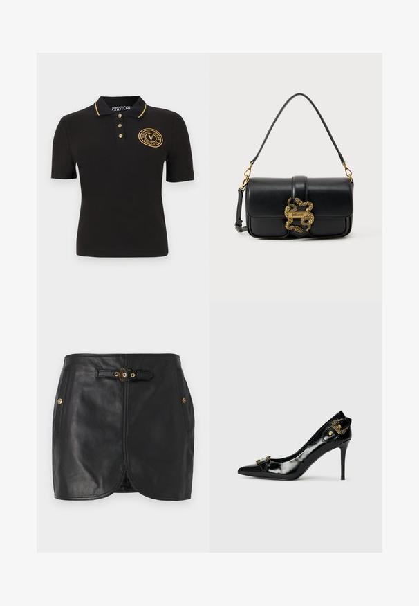 Must lühikeste varrukatega polo-särk kuldse ääristusega krae, kuldsete nuppude ja rinnal oleva kuldse tikandiga "Versace Jeans Couture" logoga.; Must mustrüüga must nahkne seelik, sirge lõikega, kuldsete metalldetailidega, küljetaskudega ja vöödetailiga.; Musta lakknahast kõrge kontsaga king, terava varbaga, ees kaunistusena paelte tegemine ja taga dekoratiivne kuldtoonist detail.; Mustast nahast õlakott, millel on kuldne topeltsisalikuga kinnitus ja esiklapil "Just Cavalli" logo plaat.