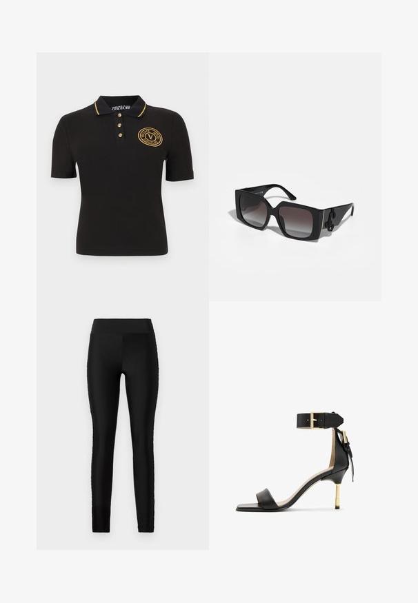 Musta lyhythihainen poolopaita, jossa on kultareunuksin koristeltu kaulus, kultaiset napit ja kultakirjailtu "Versace Jeans Couture" -logo rinnassa.; Mustat leggingsit, joissa on sileä, joustava kangas, korkea vyötärö ja istuva malli. Ei näkyviä kuvioita tai korosteita.; Musta nahkainen korkokenkä, jossa on neliönmuotoinen kärki, nilkkahihna, jossa on kultainen solki, ja hoikka metallinen korko. Sileä pinta, minimalistinen muotoilu.; Musta suorakulmainen aurinkolasit, joissa on gradienttioptiikka. Jämäkkä muovikehys, jossa on ainutlaatuinen kaarevuus ylhäällä ja erottuva logoväri sivussa.