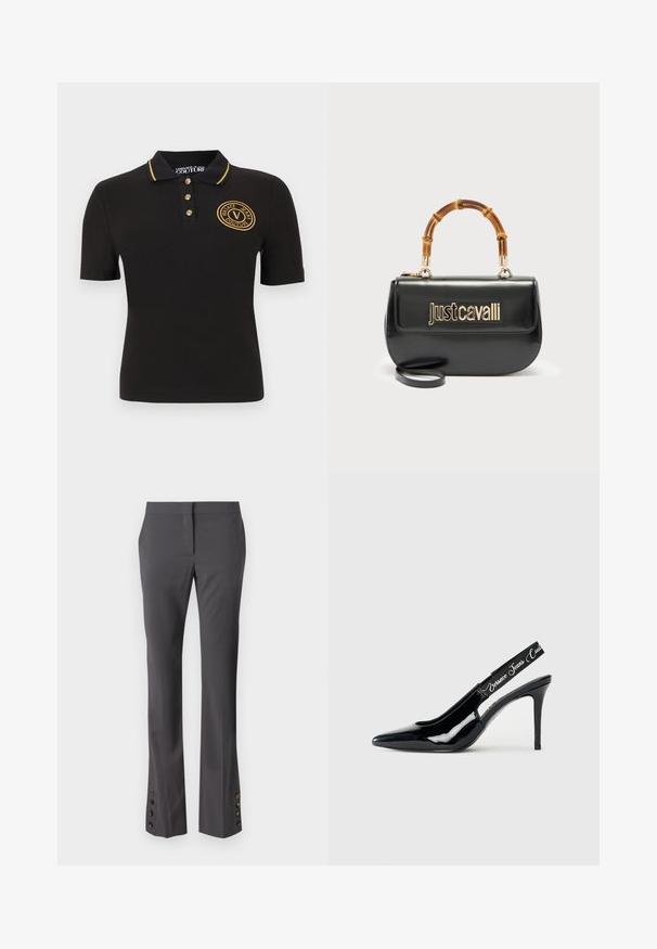 Must lühikeste varrukatega polo-särk kuldse ääristusega krae, kuldsete nuppude ja rinnal oleva kuldse tikandiga "Versace Jeans Couture" logoga.; Hallist kohandatud püksid otse lõikega, nupuga kaunistused helmel ja siledapinnaga. Omavad siledat esipinda ja küljetaskuid.; Must must kuld- ja patendi nahast slingback kontsaga kingad terava varba kujundusega, millel on lõikeosa ja elastne rihm, milles on brändi nimi reljeefina sisse pressitud.; Mustast nahast käekott kuldse "Just Cavalli" logoga ees ja kaarekujuline bambusest sang, millel on eemaldatav pikk rihm.