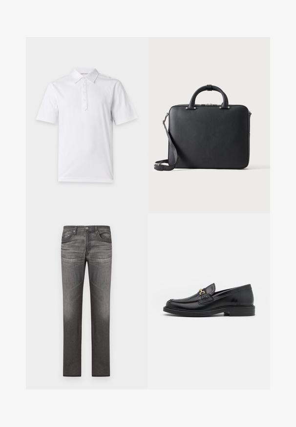 Weißes kurzärmeliges Poloshirt mit Kragen und vier Knöpfen auf einer Knopfleiste, dargestellt auf einem einfarbigen hellen Hintergrund.; Dunkelgraue Jeans aus Denim mit geradem Bein, fünf Taschen, dezentem Ausbleichen und genähten Details entlang der Nähte.; Schwarze Lederleter mit einer abgerundeten Zehenpartie, ausgestattet mit goldenen Hardwareakzenten und Stichdetails, auf einer niedrigen, strukturierten Gummisohle.; Schwarze, strukturierte Leder-Aktentasche mit Doppelgriffen, abnehmbarem Schulterriemen und oberem Reißverschlussverschluss auf hellem, einfarbigem Hintergrund.